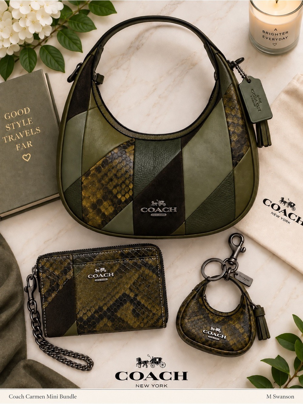 NEW Coach Carmen Mini, Card Case, Charm Set Olive Multi Gunmetal Snake Print NWT